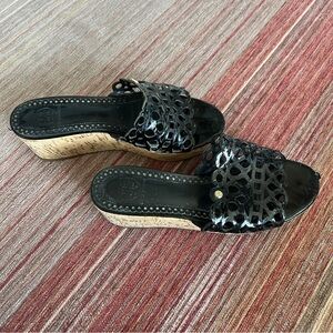 Tory Burch Wedge Sandal with Patent Leather Lattice Cutout